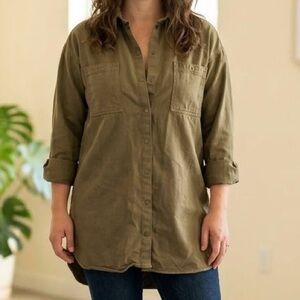 ONLY Olive Green Utility Tunic Shacket Studded Pockets Khaki Lagenlook Oversized